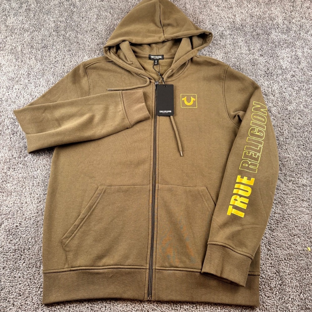 NEW True Religion Full Zip Hoodie Mens L Olive Green Graphic Print
